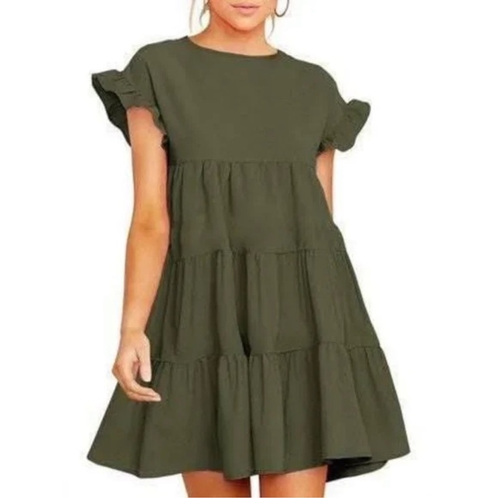 Gold Adyson Parker linen tiered babydoll shift mini dress sleeveless Med. - Picture 4 of 13